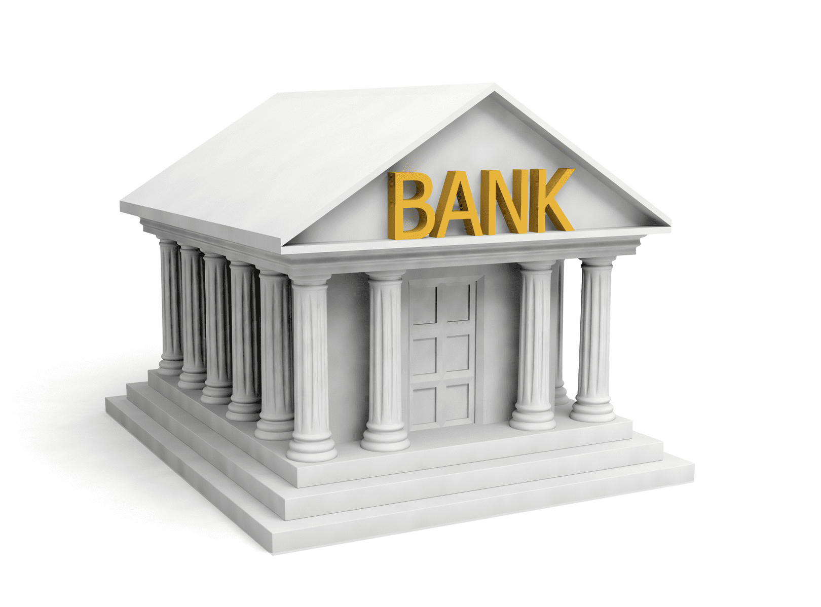 A gray representation of a bank building with the word Bank in yellow