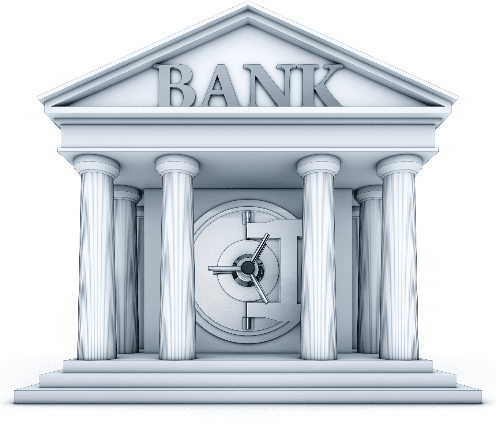 A representation of a bank building with a vault door on the front