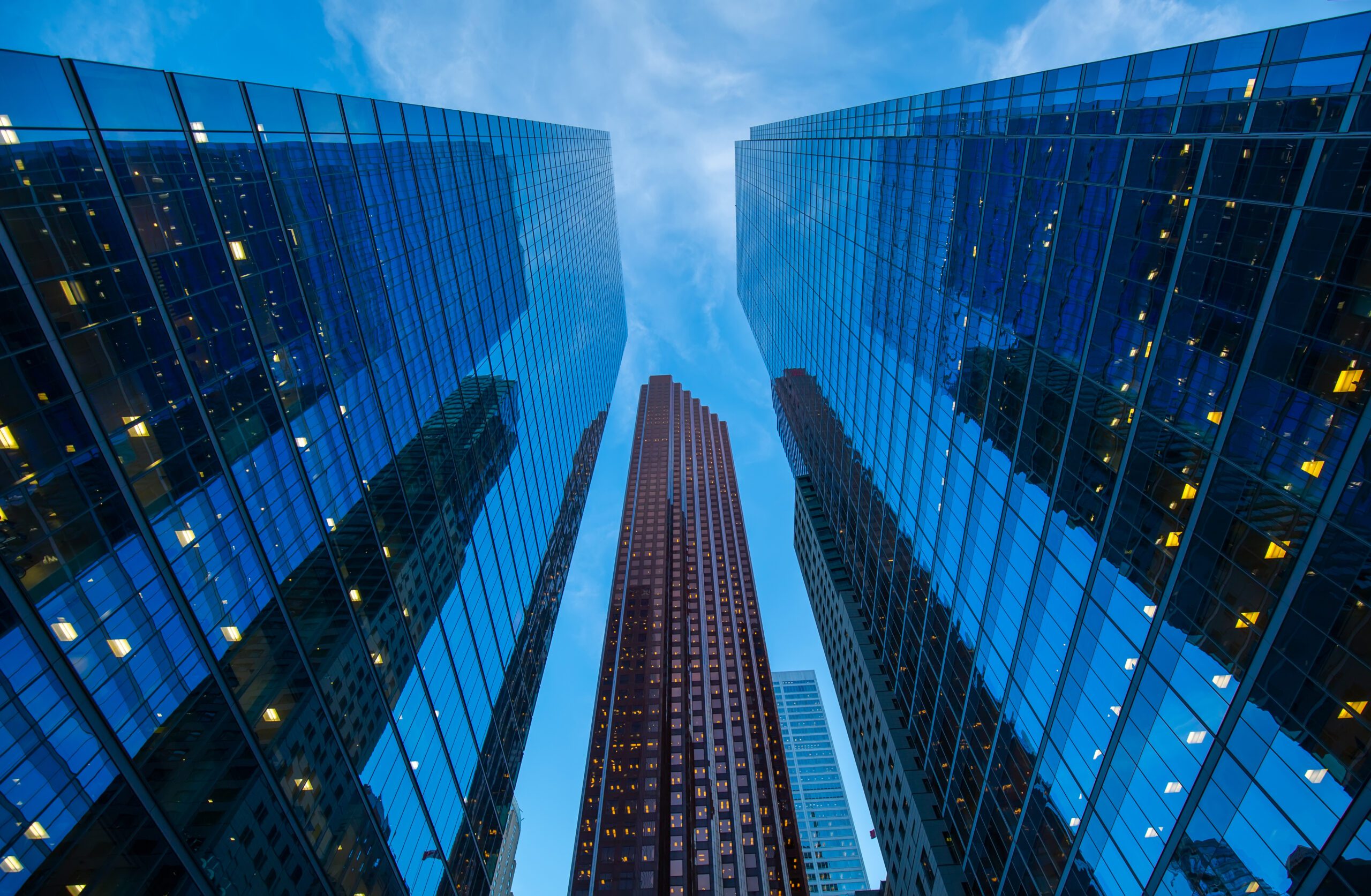 Scenic Toronto financial district skyline in the city downtown near Bay and King intersection, Stock Exchange and banking plaza.