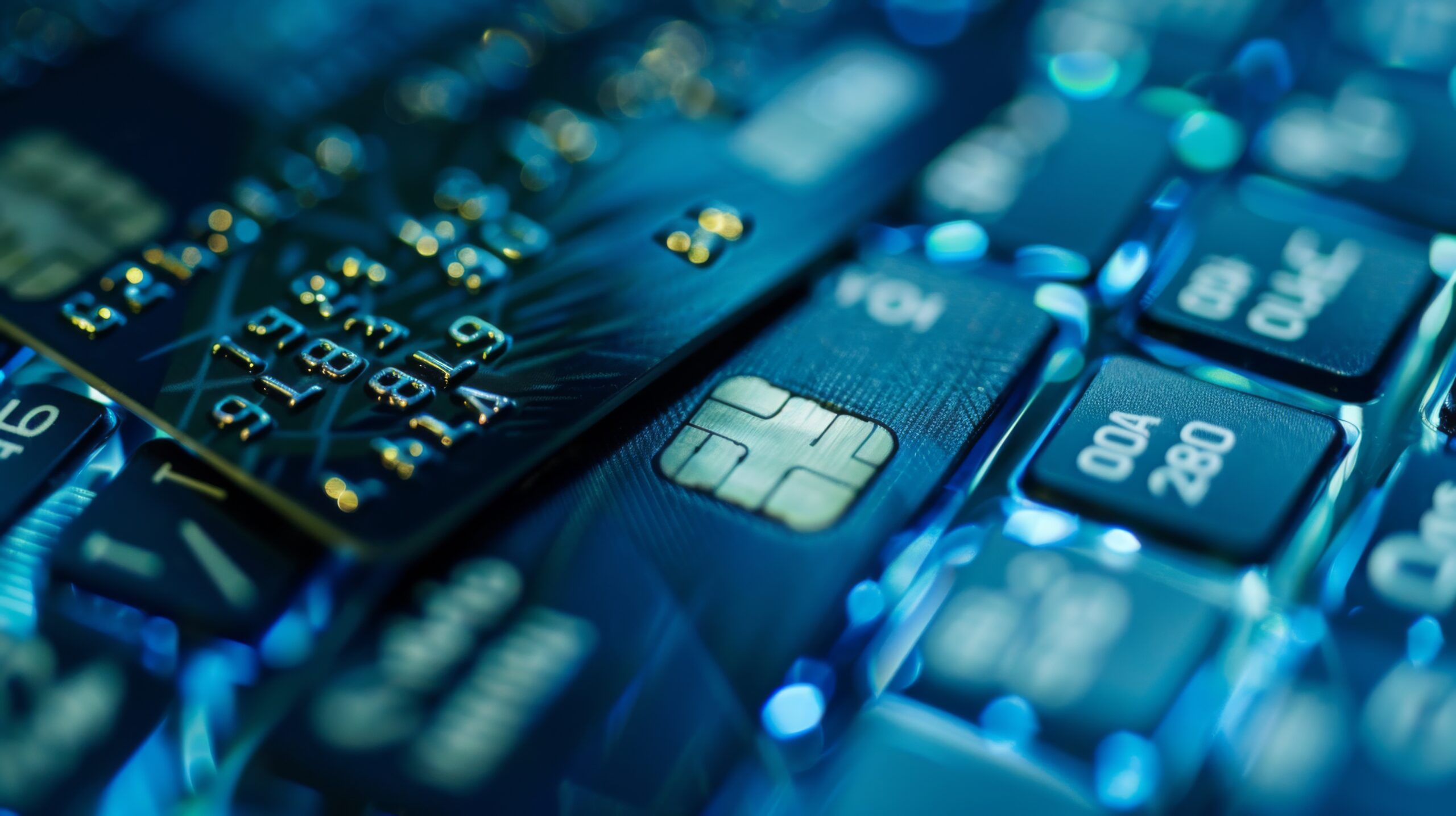 A close-up of a credit card being used for an online transaction, with financial data on a laptop screen.